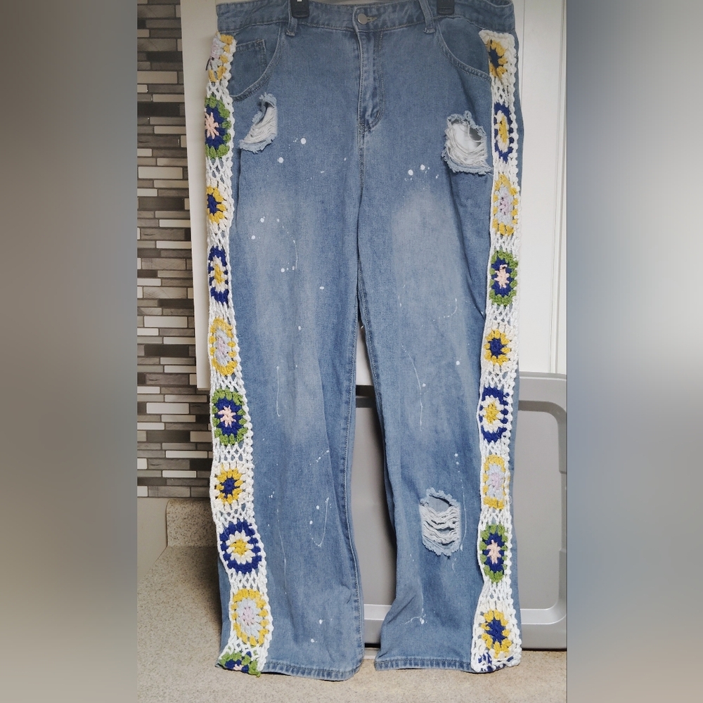 Manfinity Crochet Distressed Paint Splash Jeans Sz-XL